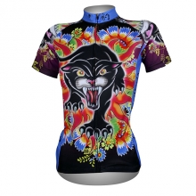 Pocketed Women Short Sleeve Mountain Bike Jersey Red black Leopard Floral Botanical Cycling Clothes