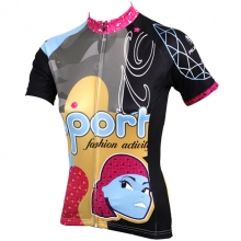 Short Sleeve Women Cycling Shirts Pocketed Black Cartoon Cycling Tops