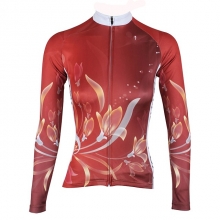 Women Winter Lining Fleece Thermal Cycling Wear Pocketed Red Floral Botanical Cycling Shirts