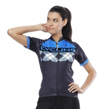 Elastane Dark Blue Plaid Checkered Back Cycling Shirts Women Cycling Wear