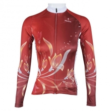 Moisture Wicking Winter Women Long Sleeve Cycling Jersey Red Floral Botanical Bicycle Jerseys