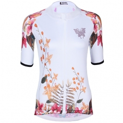 Breathable White Floral Botanical Biking Shirt Women Short Sleeve Cycling Outfits