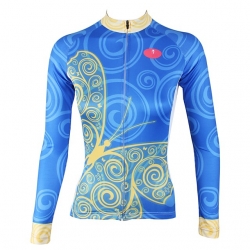 Women Winter Lining Fleece Thermal Bicycle Shirt Stretchy Blue Butterfly Team Cycling Jerseys