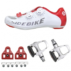 Anti-Slip Bike Riding Shoes with Cleats & Pedals Men Road Red White Bicycle Shoes