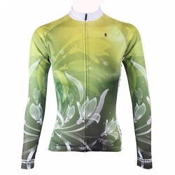Quick Dry Winter Women Lining Fleece Thermal Mountain Bike Jersey Green Floral Botanical Cycling Clothes