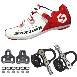Breathable Clipless Shoes with Pedals & Cleats Men Road bike Red and White Bike Shoes