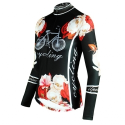 Women Winter Lining Fleece Custom Cycling Jersey Pocketed Black Floral Botanical Bike Jersey