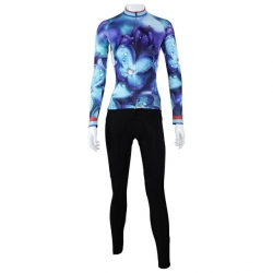 Winter Women Fleece Cycling Outfits Light Purple Floral Botanical Back Road Cycling Kit with Tights