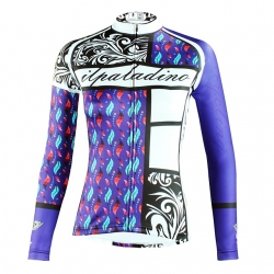 Long Sleeve Women Winter Lining Fleece Cycling Shirts Stretchy Blue Floral Botanical Cycling Tops