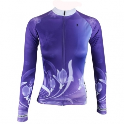 UV Resistant Purple Floral Botanical Cycling Tops Women Winter Lining Fleece Thermal Cycling Shirts