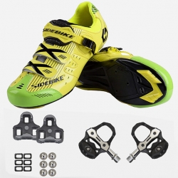 Breathable Bicycle Shoes with Cleats & Pedals Men Road bike Green Yellow Clipless Shoes