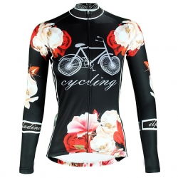 Ultraviolet Resistant Black Floral Botanical Cycling Clothes Long Sleeve Women Winter Cycling Jersey