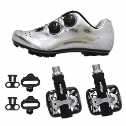Men Silver Bike Riding Shoes Anti-Slip MTB Cycling Shoes with Cleats & Pedals