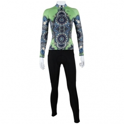 UV Resistant Black Green Back Floral Botanical Cycling Kit Women Long Sleeve Mtb Jersey with Tights