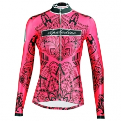 Breathable Winter Women Fleece Long Sleeve Cycling Jersey Red Floral Botanical Mtb Jersey