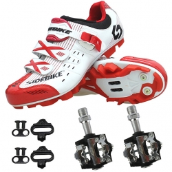 Breathable MTB Bike Shoes with Cleats & Pedals Unisex Red and White Cycling Shoes