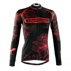 Quick Dry Black Floral Botanical Cycling Wear Women Winter Lining Fleece Long Sleeve Cycling Shirts